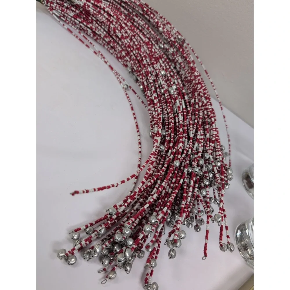 4 RED & WHITE BEADED‎ BELL PICKS WIRED STEM for WREATH VASE TREE DECORATION